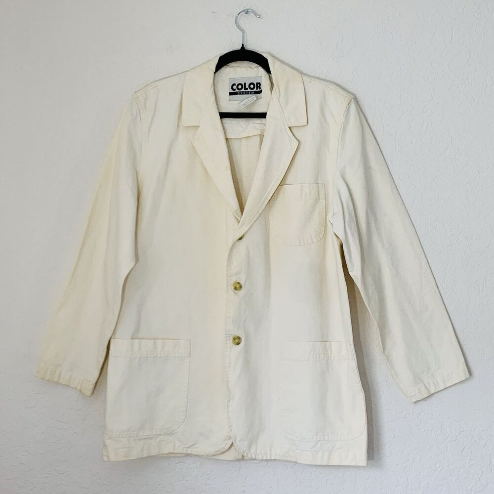 VTG Canvas Blazer Jacket‎ Women L* Pockets Beige Career Artsy Safari Workwear